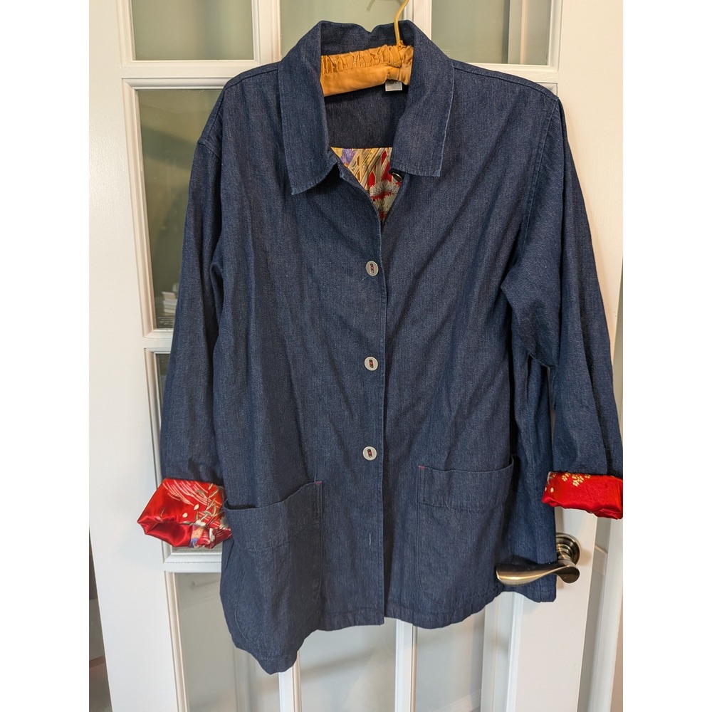 Chicos Design Vintage Denim Jacket Satin Geisha Lining Blue Cotton Size 2 L